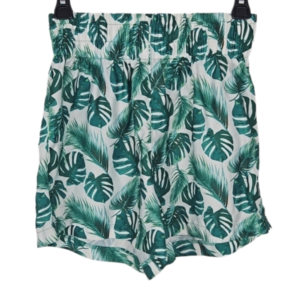 Tropical Palm Leaf Print Elastic Waist Shorts, M